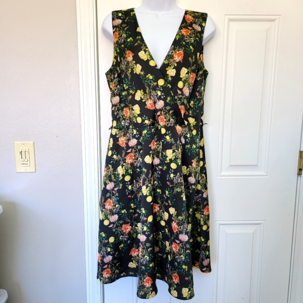 Banana Republic Black Satin Floral Lemon V Neck Lined Sleeveless Dress Size 6 - Picture 1 of 12